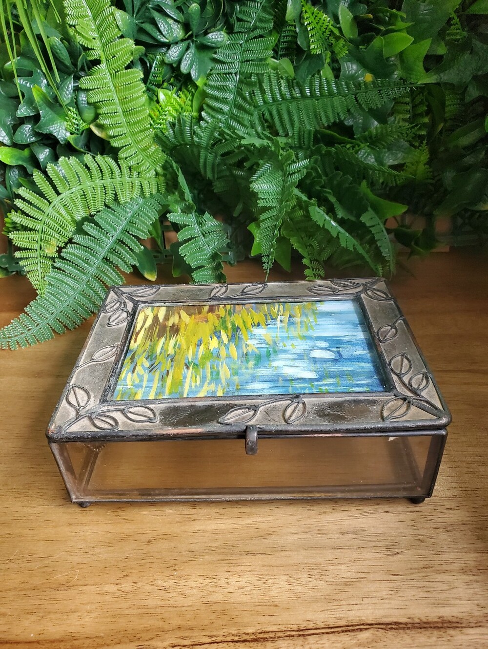 Trinket Jewelry Box Hand-Painted Glass with Leaf Motif